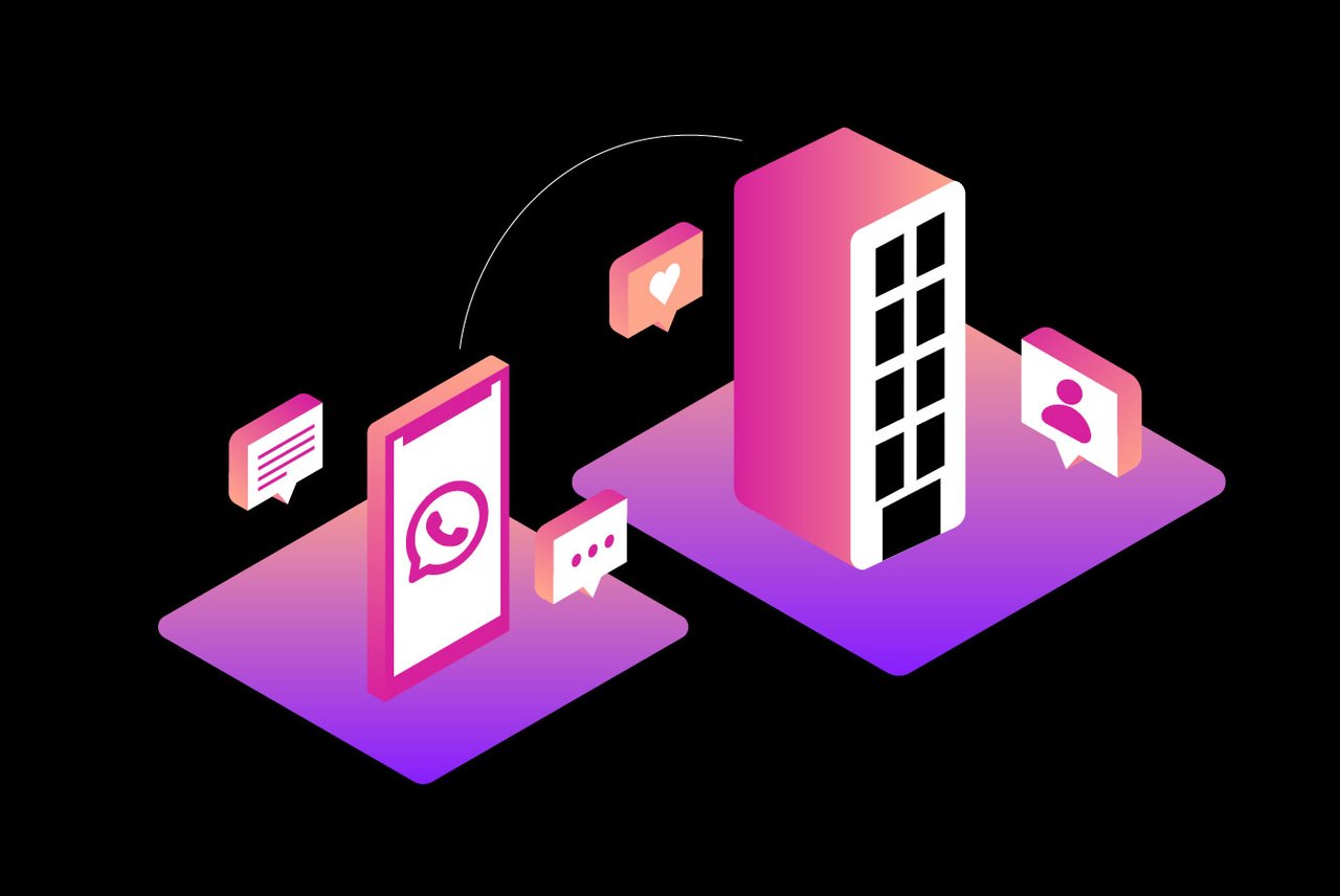 Aprimore as experiências dos clientes com as nossas WhatsApp e Vonage API. Illustration of WhatsApp logo inside smartphone next to a business building