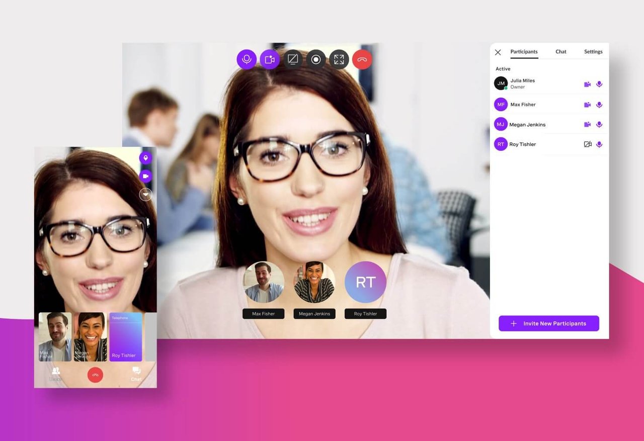 Veja como você pode criar canais de comunicação perfeitos e estimular conversas em todos os lugares: assista agora. imagem de uma mulher usando o vonage meetings com uma captura de tela com os participantes