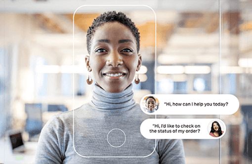 Communicate your way Montage of woman in an office setting with mobile communication elements