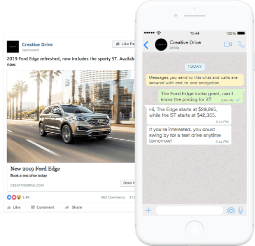 Conversational WhatsApp ads Image of an ad driving to a WhatsApp chat message on a mobile phone