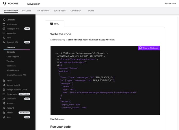 Screen grab of the API Developer Center showing code that can be copied for use.