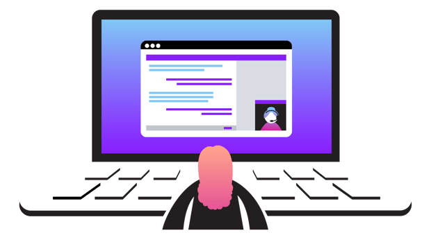 Ilustração de uma pessoa interagindo com um agente de vendas/atendimento via bate-papo em um navegador no laptop.