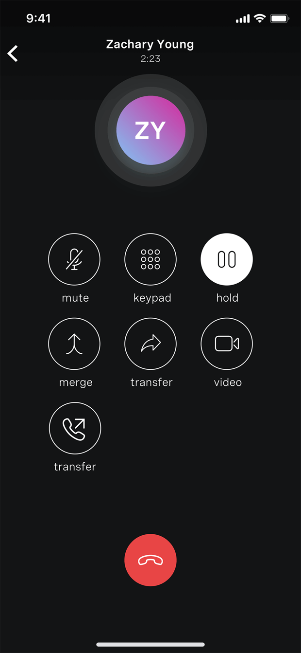 Mobile view of call Mobile view of call in Unified Communications product showing options for mute, keypad, hold, merge, transfer to another person, video and transfer to another phone on the same extension.
