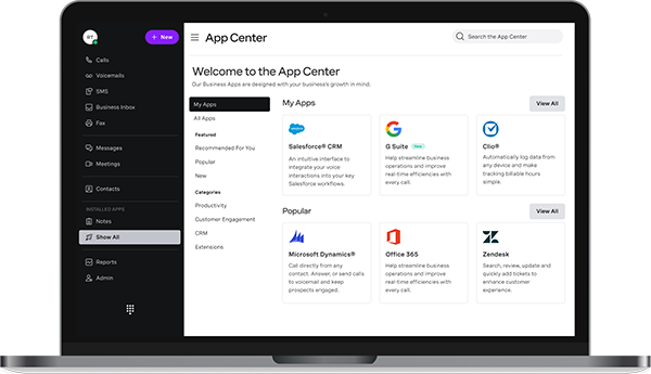Central de aplicativos da Vonage: um ecossistema melhor Vonage app center screenshot in desktop view