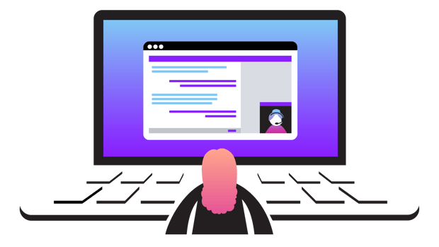 Software de call center na nuvem Ilustração de uma pessoa interagindo com um agente de vendas/atendimento via bate-papo em um navegador no laptop.