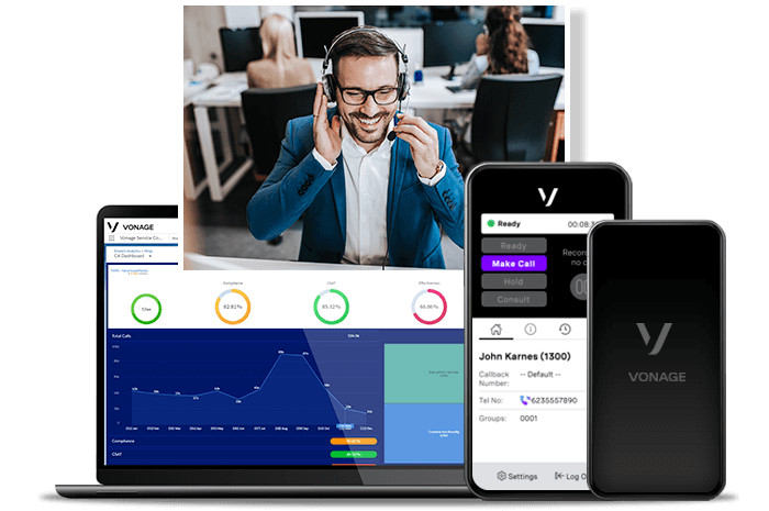 Contact center Hero Image compilation of images, including a contact center agent, a screenshot of vonage contact center on a desktop and mobile device, and the vonage logo